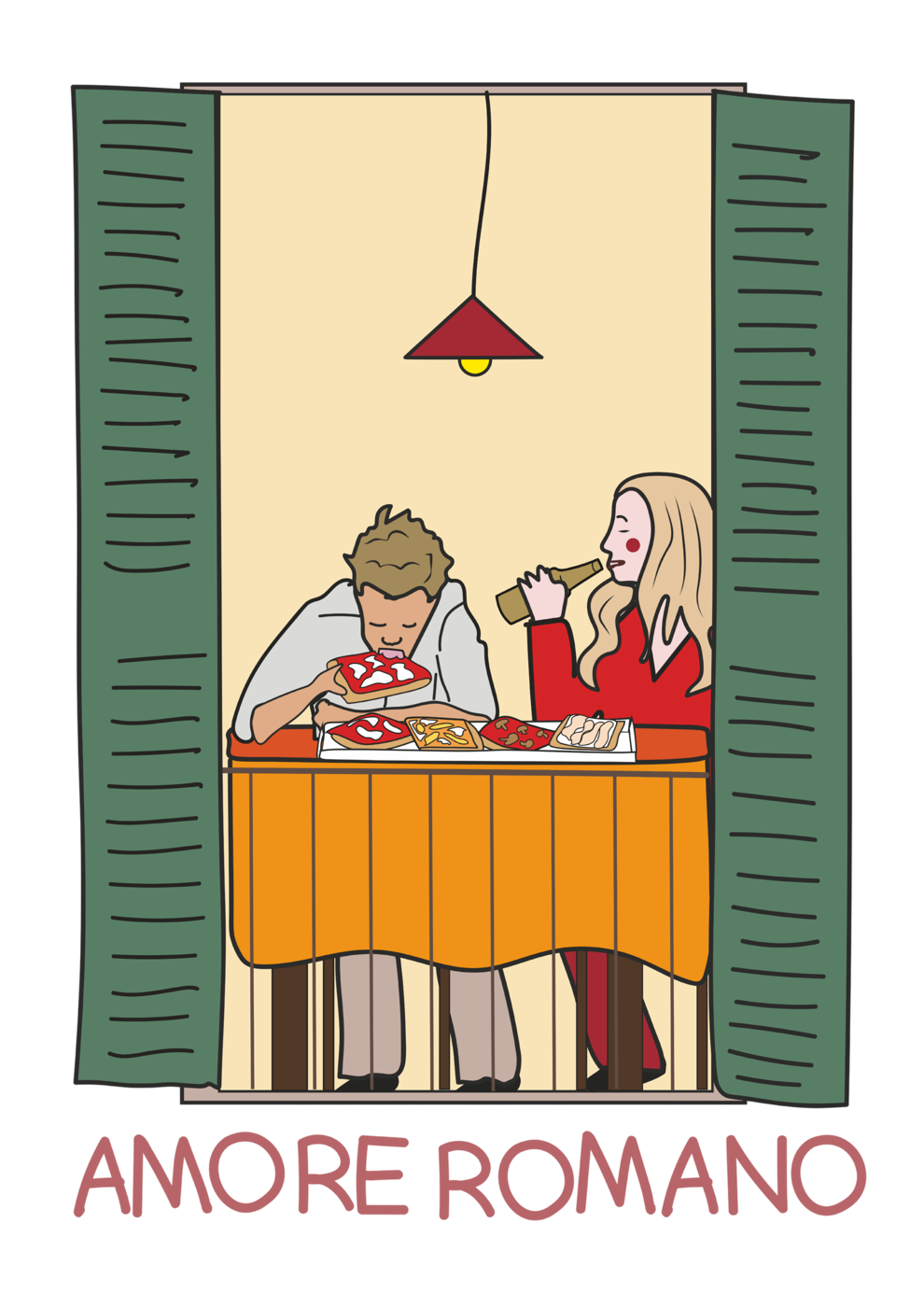 Amore Romano illustration of Farina founders Cristina and Edoardo eating pizza at a Roman window